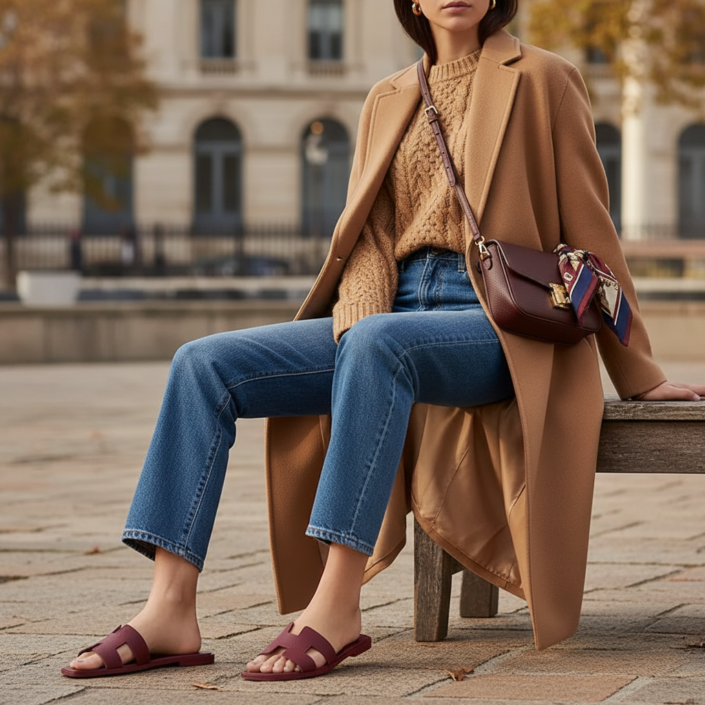 Outfit styled around Bordeaux suede sandals